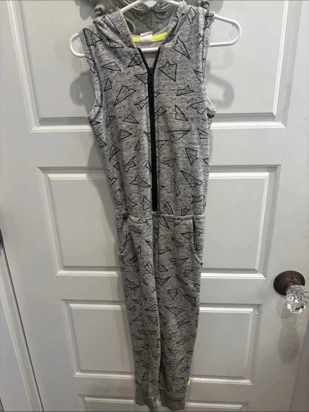 Grey Paper Plane Hooded Kids Romper with Front Zip